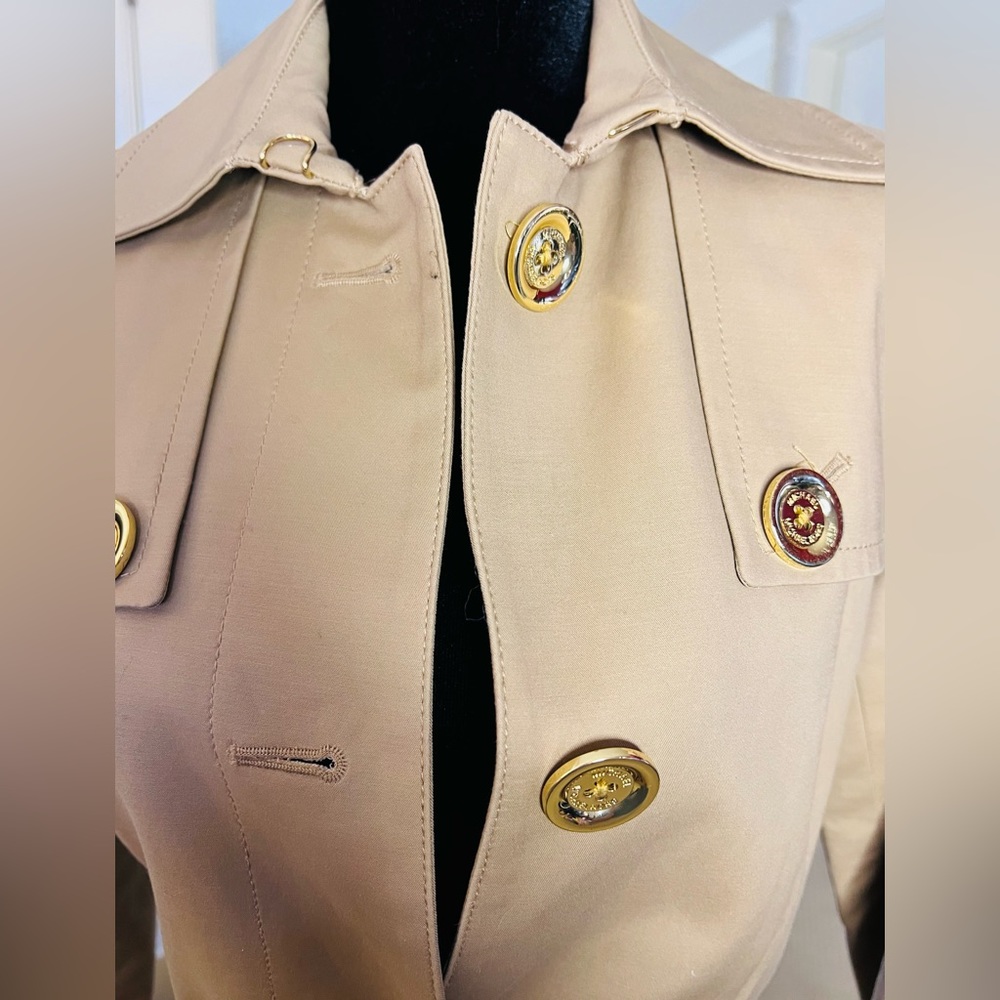 Michael Kors Khaki Belted Trench Coat with Gold Tone Metal Accents, Sz XS